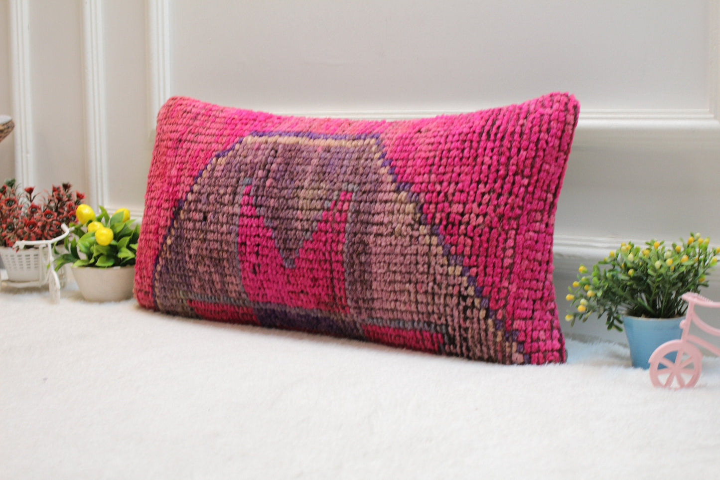 Handmade Pink Kilim Lumbar Pillow Cover: Upcycled Woven Wool (12x24 in)