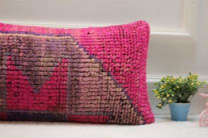 Handmade Pink Kilim Lumbar Pillow Cover: Upcycled Woven Wool (12x24 in)