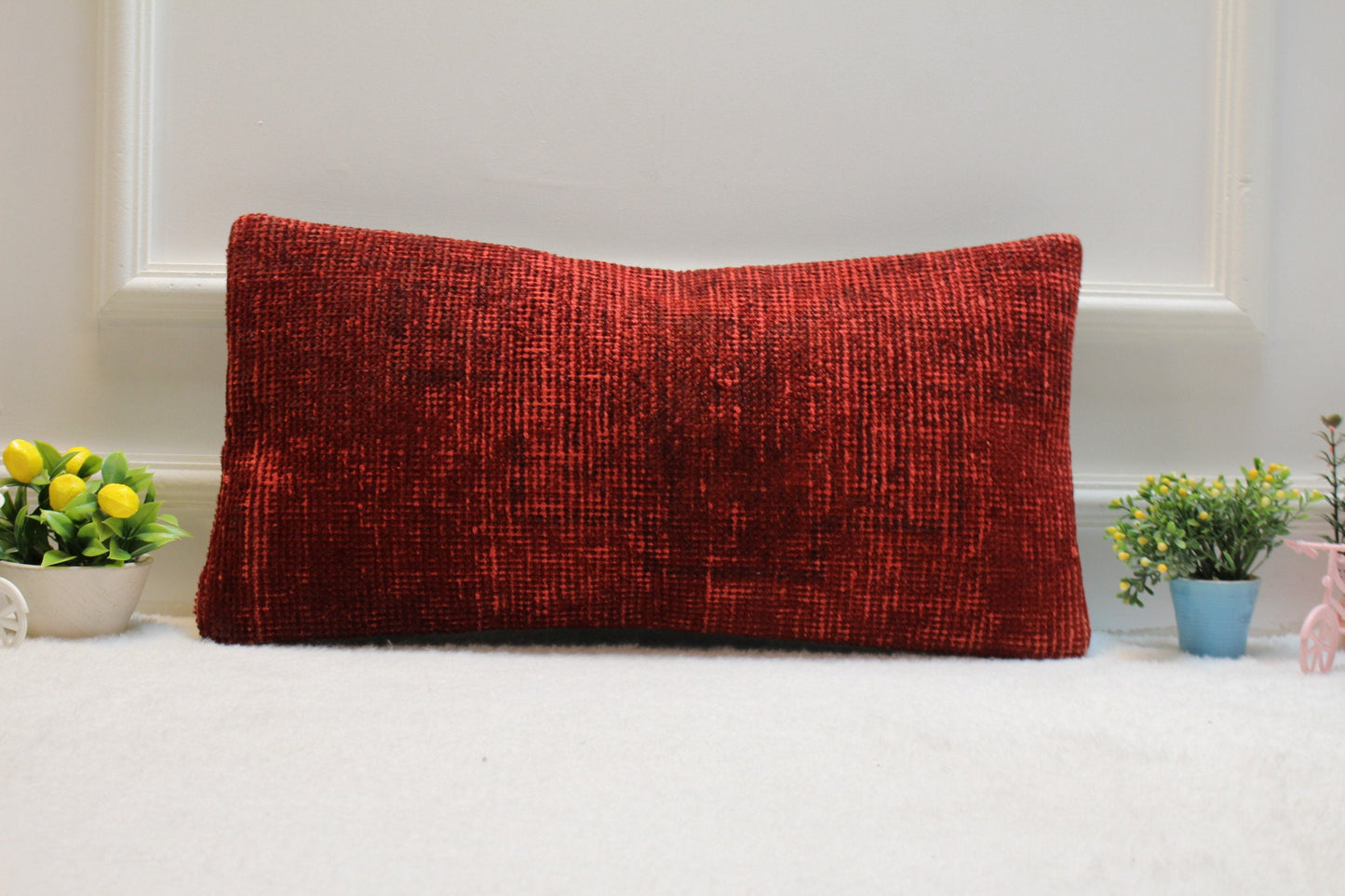 Red Turkish Kilim Lumbar Pillow – Handwoven Cushion Cover, 12x24 Inch