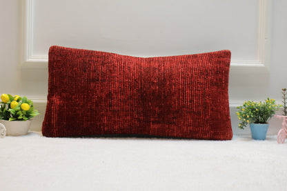 Red Turkish Kilim Lumbar Pillow – Handwoven Cushion Cover, 12x24 Inch