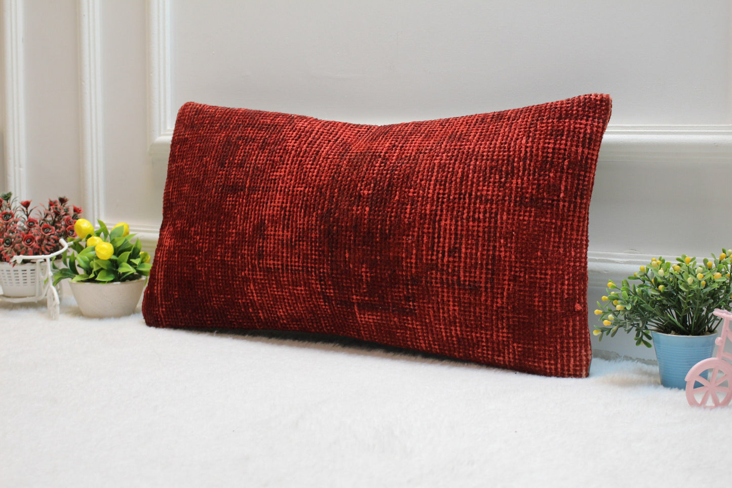 Red Turkish Kilim Lumbar Pillow – Handwoven Cushion Cover, 12x24 Inch