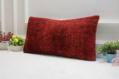 Red Turkish Kilim Lumbar Pillow – Handwoven Cushion Cover, 12x24 Inch