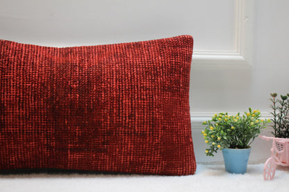Red Turkish Kilim Lumbar Pillow – Handwoven Cushion Cover, 12x24 Inch