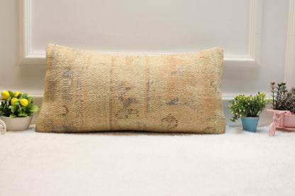 Handmade Beige Kilim Lumbar Pillow Cover: Upcycled Woven Rug, 12x24 inch