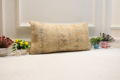 Handmade Beige Kilim Lumbar Pillow Cover: Upcycled Woven Rug, 12x24 inch