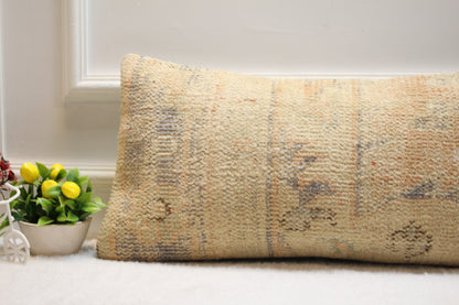 Handmade Beige Kilim Lumbar Pillow Cover: Upcycled Woven Rug, 12x24 inch