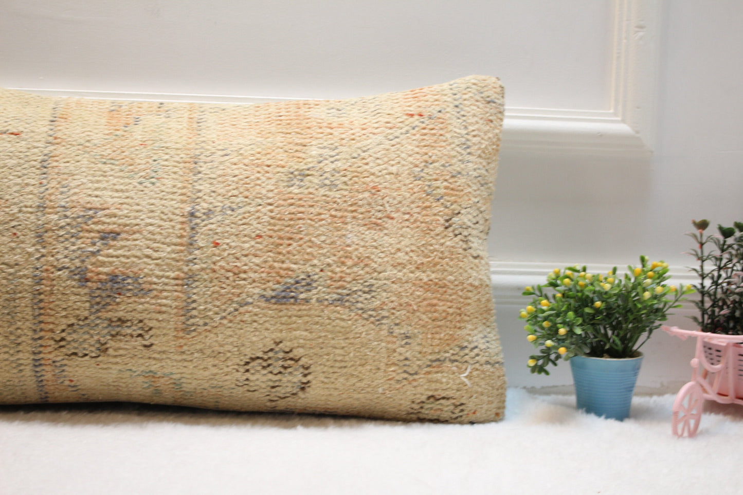 Handmade Beige Kilim Lumbar Pillow Cover: Upcycled Woven Rug, 12x24 inch
