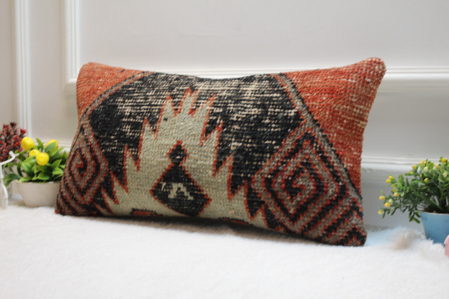 Handmade Kilim Lumbar Pillow – Upcycled Woven Rug Cushion Cover, 12x24 Inch