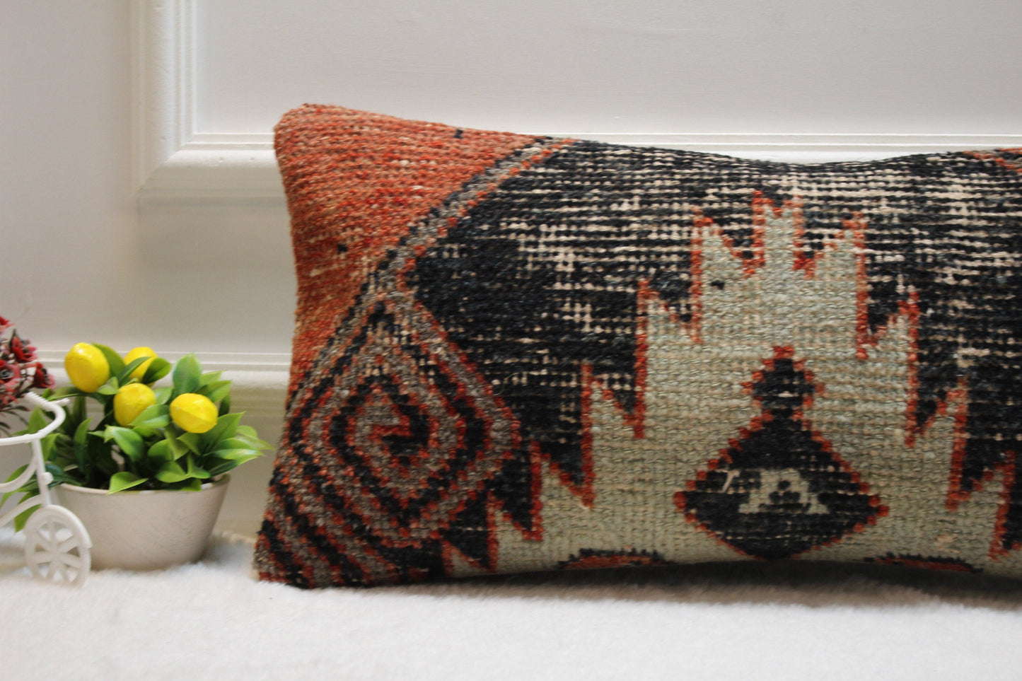 Handmade Kilim Lumbar Pillow – Upcycled Woven Rug Cushion Cover, 12x24 Inch