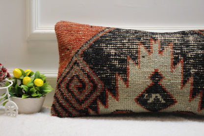 Handmade Kilim Lumbar Pillow – Upcycled Woven Rug Cushion Cover, 12x24 Inch