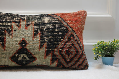 Handmade Kilim Lumbar Pillow – Upcycled Woven Rug Cushion Cover, 12x24 Inch