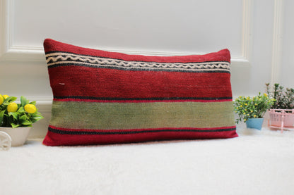 Red Turkish Kilim Lumbar Pillow – Vintage Rug Cushion Cover, 12x24 Inch