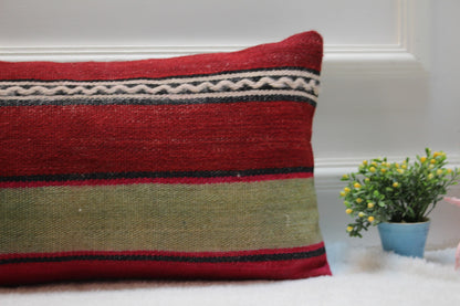Red Turkish Kilim Lumbar Pillow – Vintage Rug Cushion Cover, 12x24 Inch