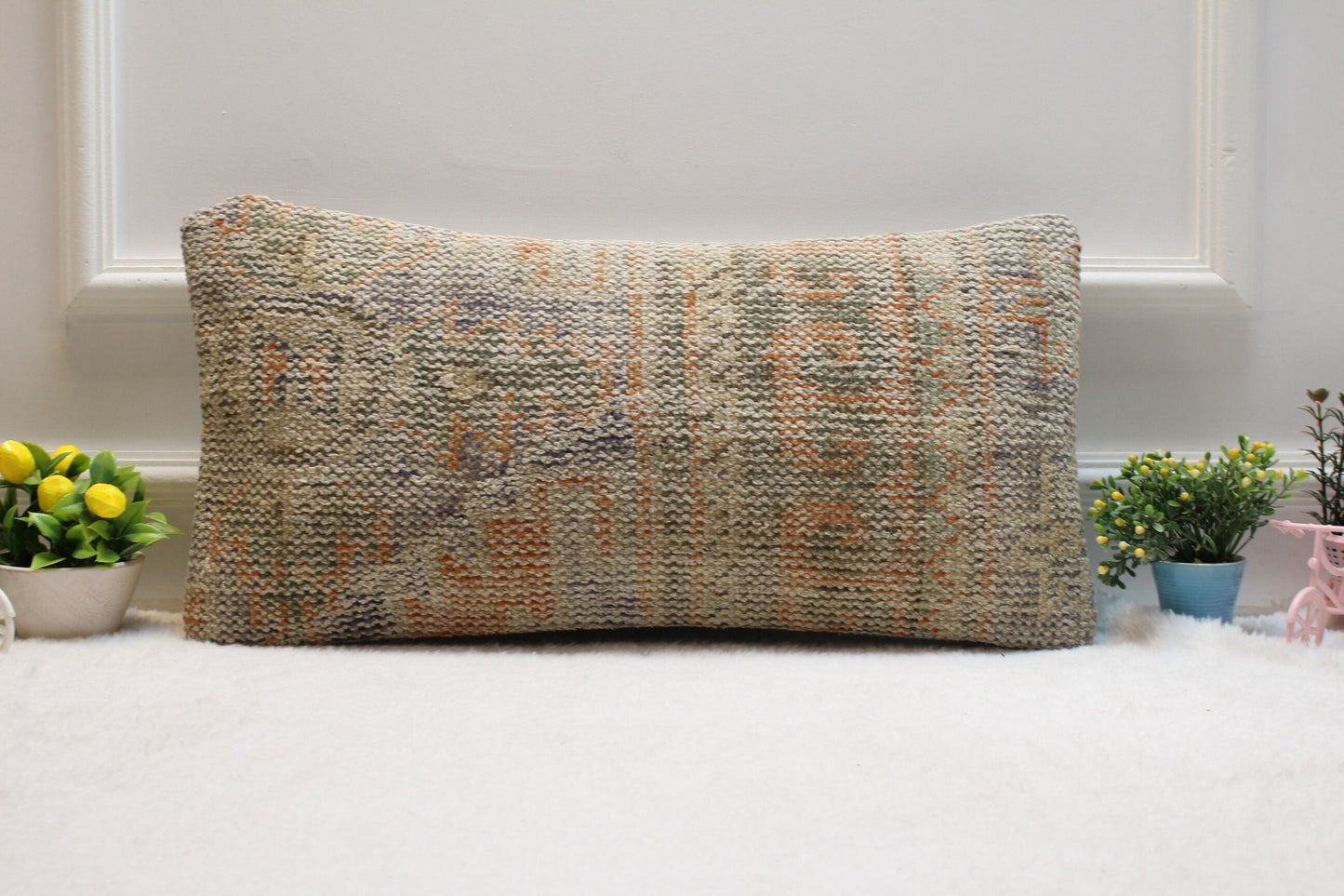 Handmade Beige Turkish Rug Pillow Cover: Lumbar Pillow Case 12x24 inc