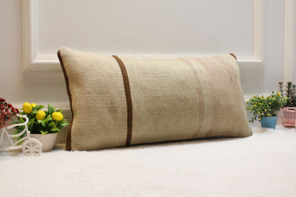 Beige Kilim Pillow Cover – Handmade Upcycled Woven Rug Cushion, 12x24 Inch