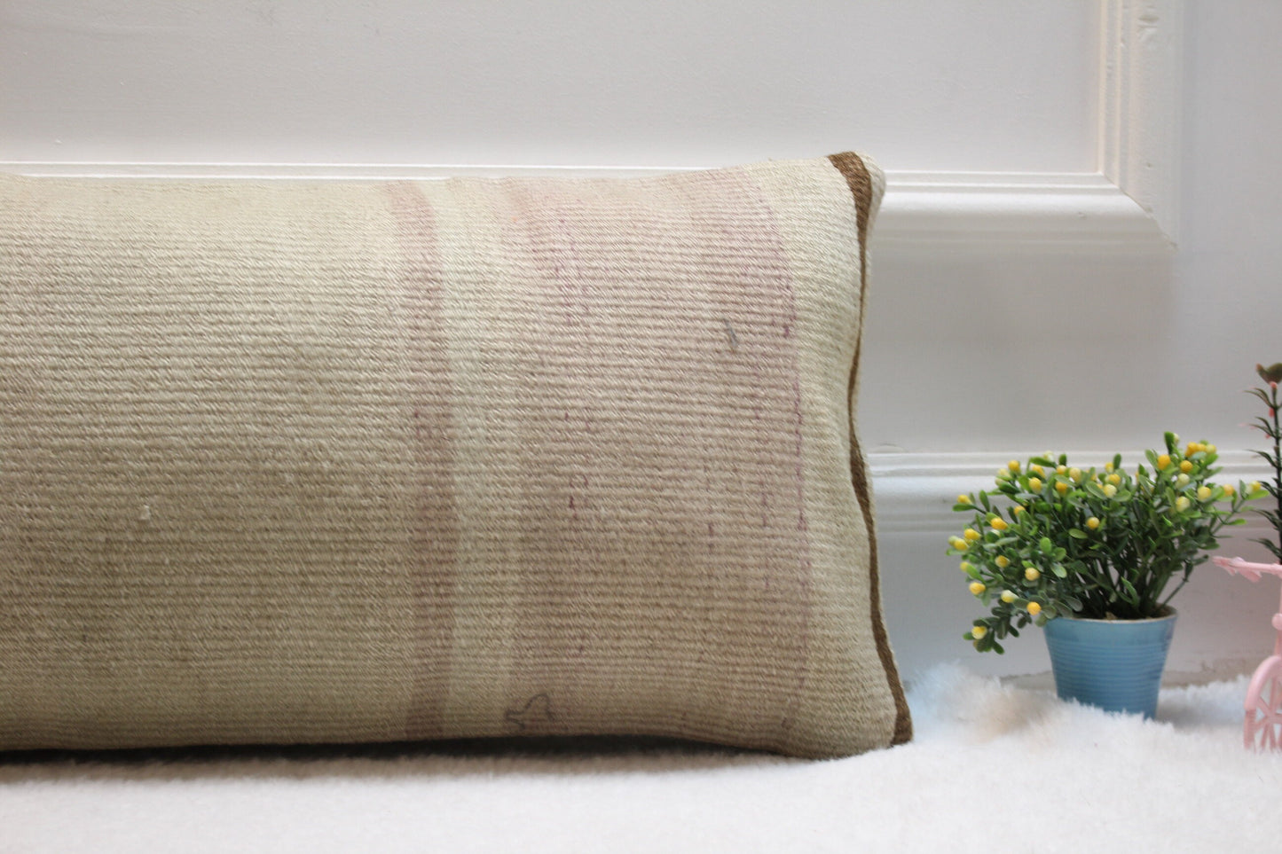 Beige Kilim Pillow Cover – Handmade Upcycled Woven Rug Cushion, 12x24 Inch