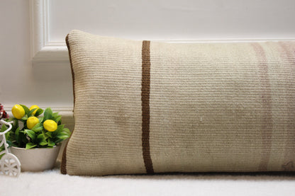 Beige Kilim Pillow Cover – Handmade Upcycled Woven Rug Cushion, 12x24 Inch