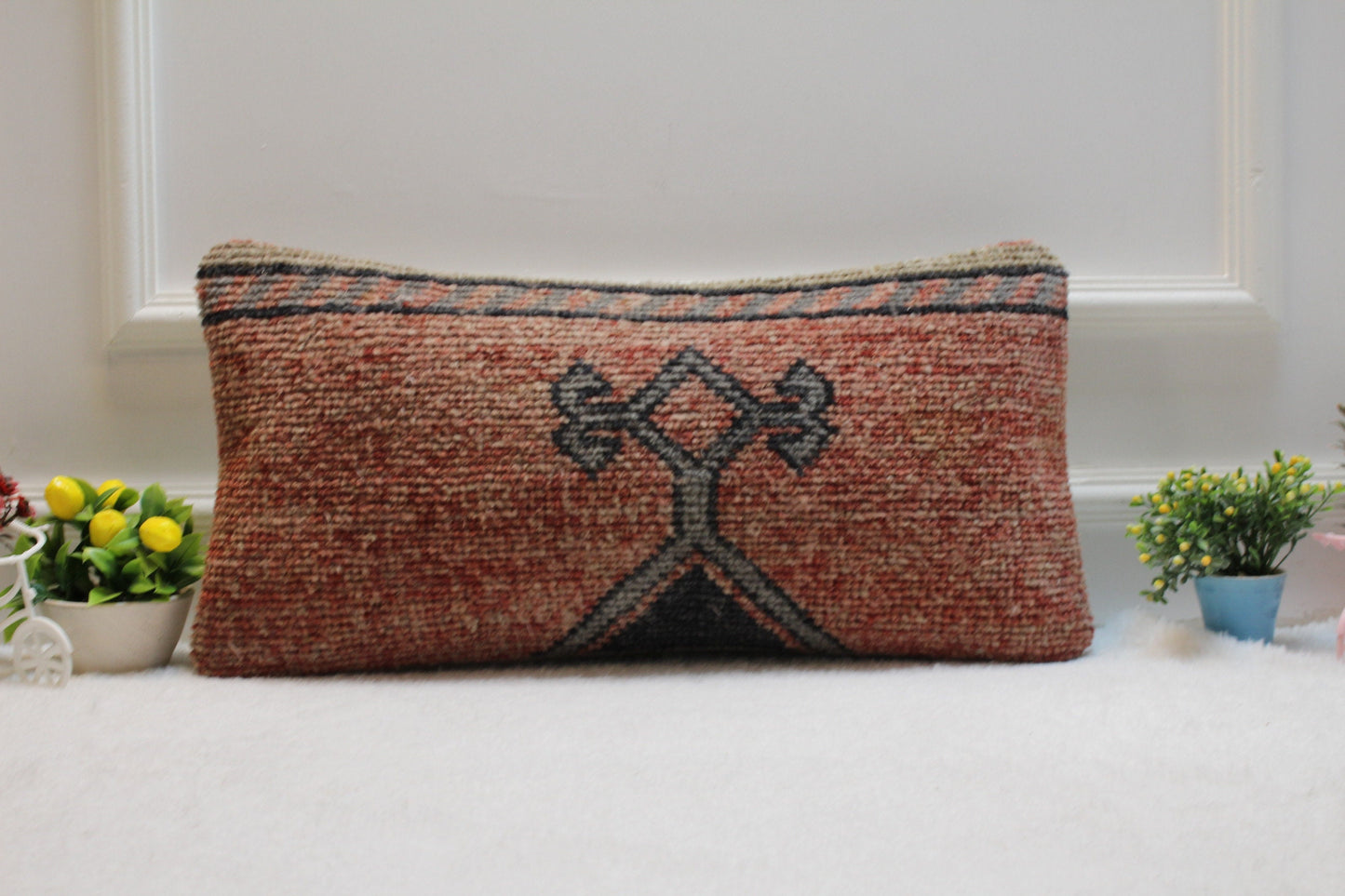 Handmade Kilim Lumbar Pillow Cover: Red & Gray Woven Rug (12x24 in)