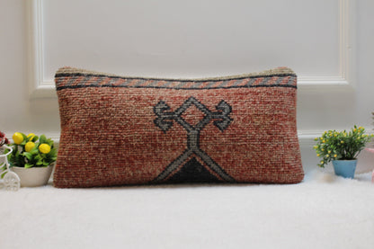 Handmade Kilim Lumbar Pillow Cover: Red & Gray Woven Rug (12x24 in)