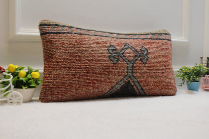 Handmade Kilim Lumbar Pillow Cover: Red & Gray Woven Rug (12x24 in)