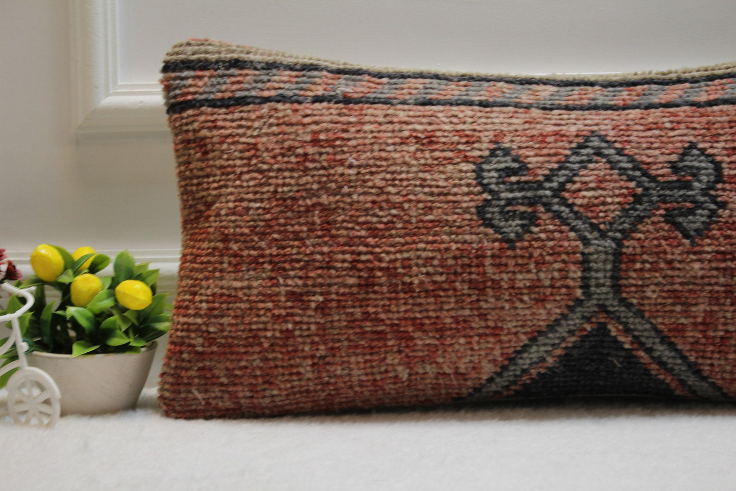 Handmade Kilim Lumbar Pillow Cover: Red & Gray Woven Rug (12x24 in)