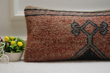 Handmade Kilim Lumbar Pillow Cover: Red & Gray Woven Rug (12x24 in)