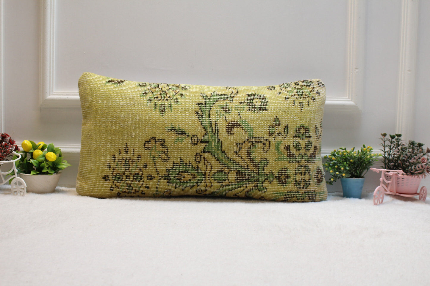 Beige & Green Kilim Lumbar Pillow – Handmade Rug Cushion Cover, 12x24 Inch