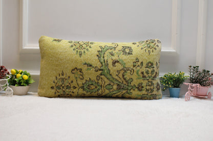 Beige & Green Kilim Lumbar Pillow – Handmade Rug Cushion Cover, 12x24 Inch