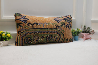 Handmade Orange Lumbar Pillow Cover: Turkish Rug Design (12x24 in)