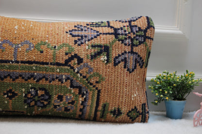 Handmade Orange Lumbar Pillow Cover: Turkish Rug Design (12x24 in)