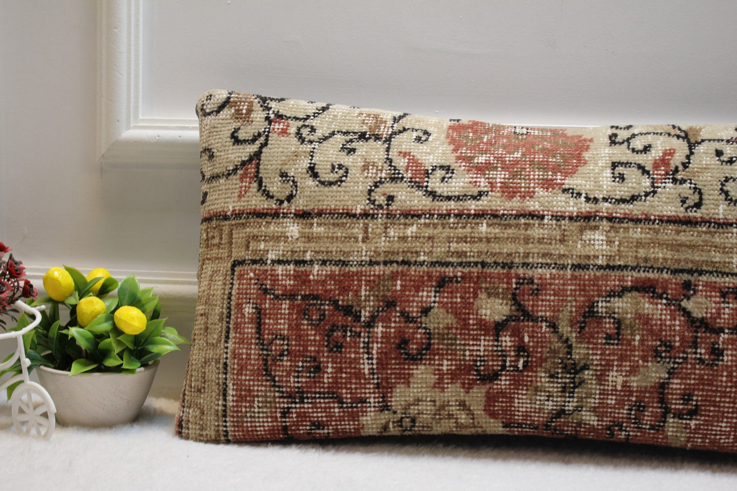 Red & Beige Kilim Lumbar Pillow – Handmade Organic Wool Cushion Cover, 12x24 Inch