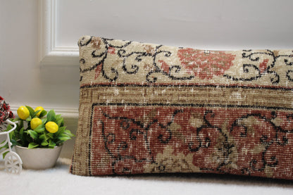 Red & Beige Kilim Lumbar Pillow – Handmade Organic Wool Cushion Cover, 12x24 Inch