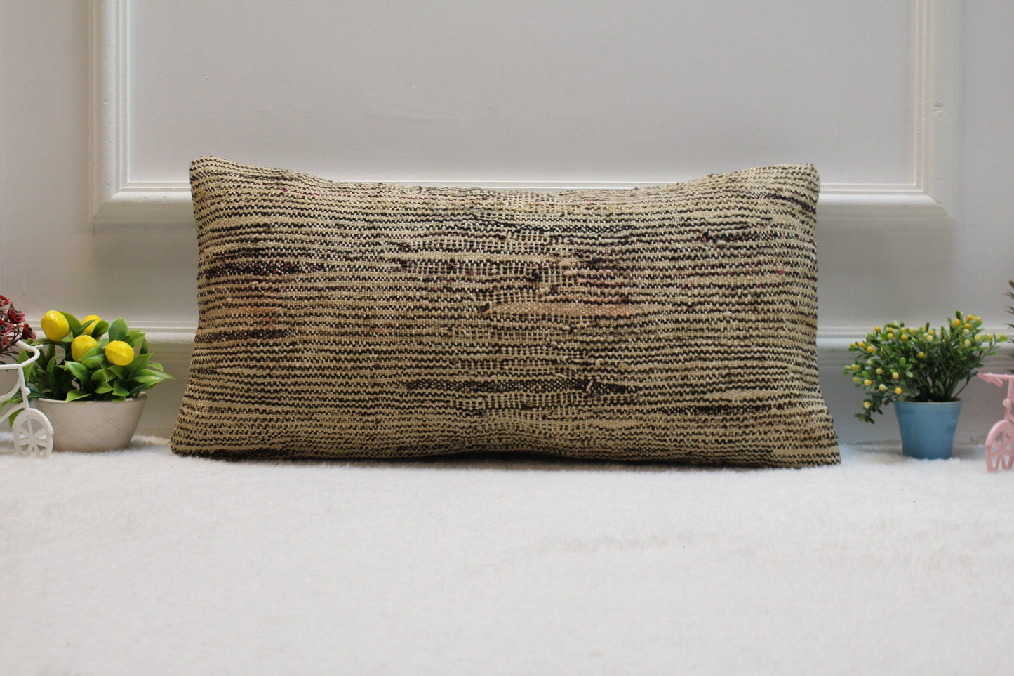 Handmade Beige Kilim Pillow Cover: Upcycled Woven Rug, 12x24 inch