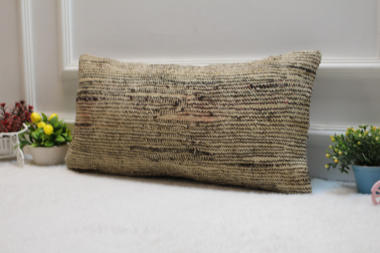 Handmade Beige Kilim Pillow Cover: Upcycled Woven Rug, 12x24 inch
