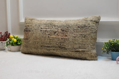 Handmade Beige Kilim Pillow Cover: Upcycled Woven Rug, 12x24 inch