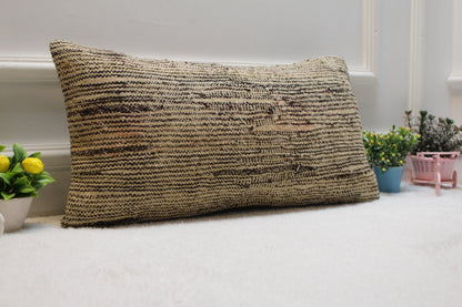 Handmade Beige Kilim Pillow Cover: Upcycled Woven Rug, 12x24 inch
