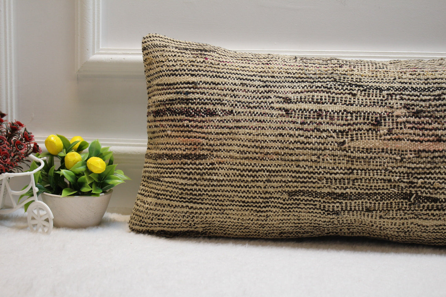 Handmade Beige Kilim Pillow Cover: Upcycled Woven Rug, 12x24 inch