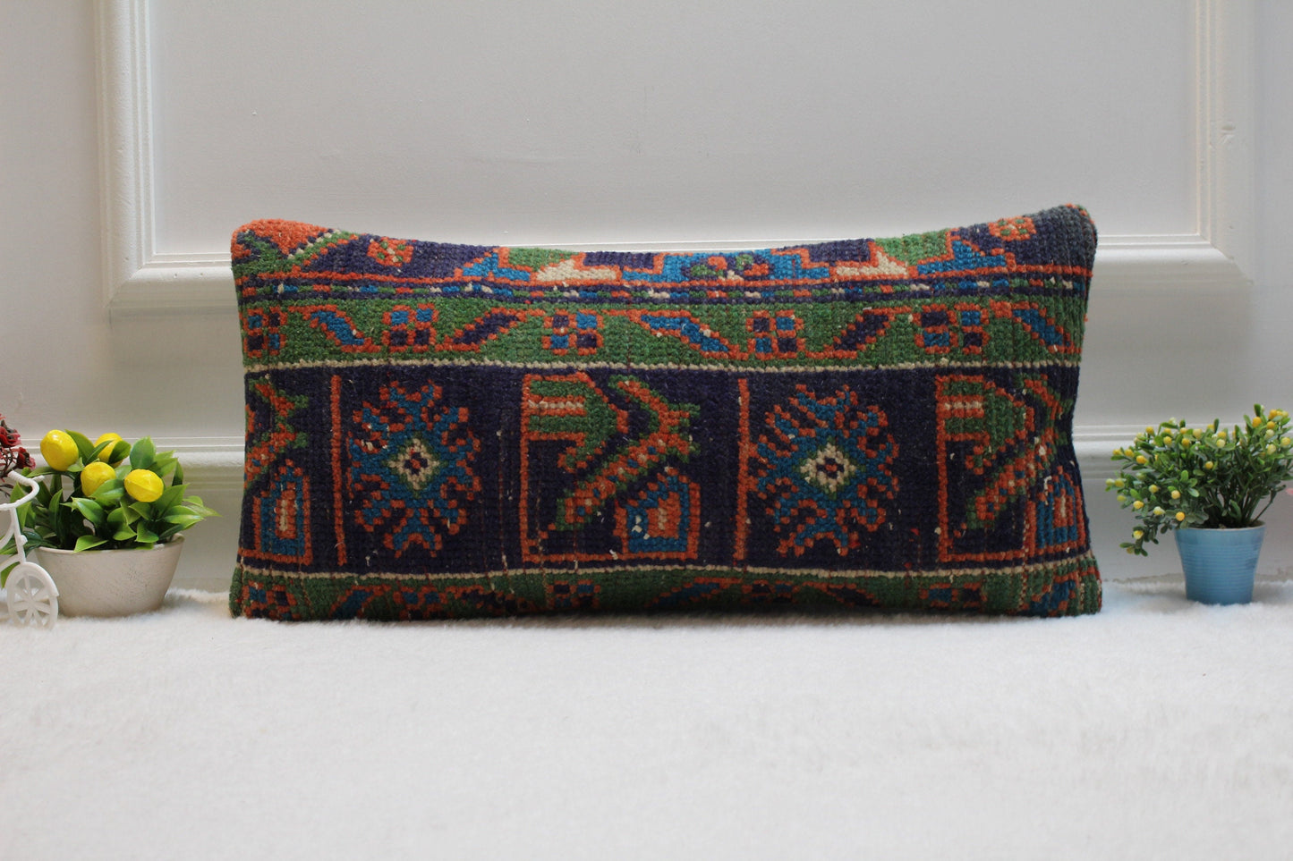 Handmade Kilim Lumbar Pillow Cover: Upcycled Woven Rug, Blue Orange Green (12X24 in)