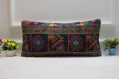 Handmade Kilim Lumbar Pillow Cover: Upcycled Woven Rug, Blue Orange Green (12X24 in)