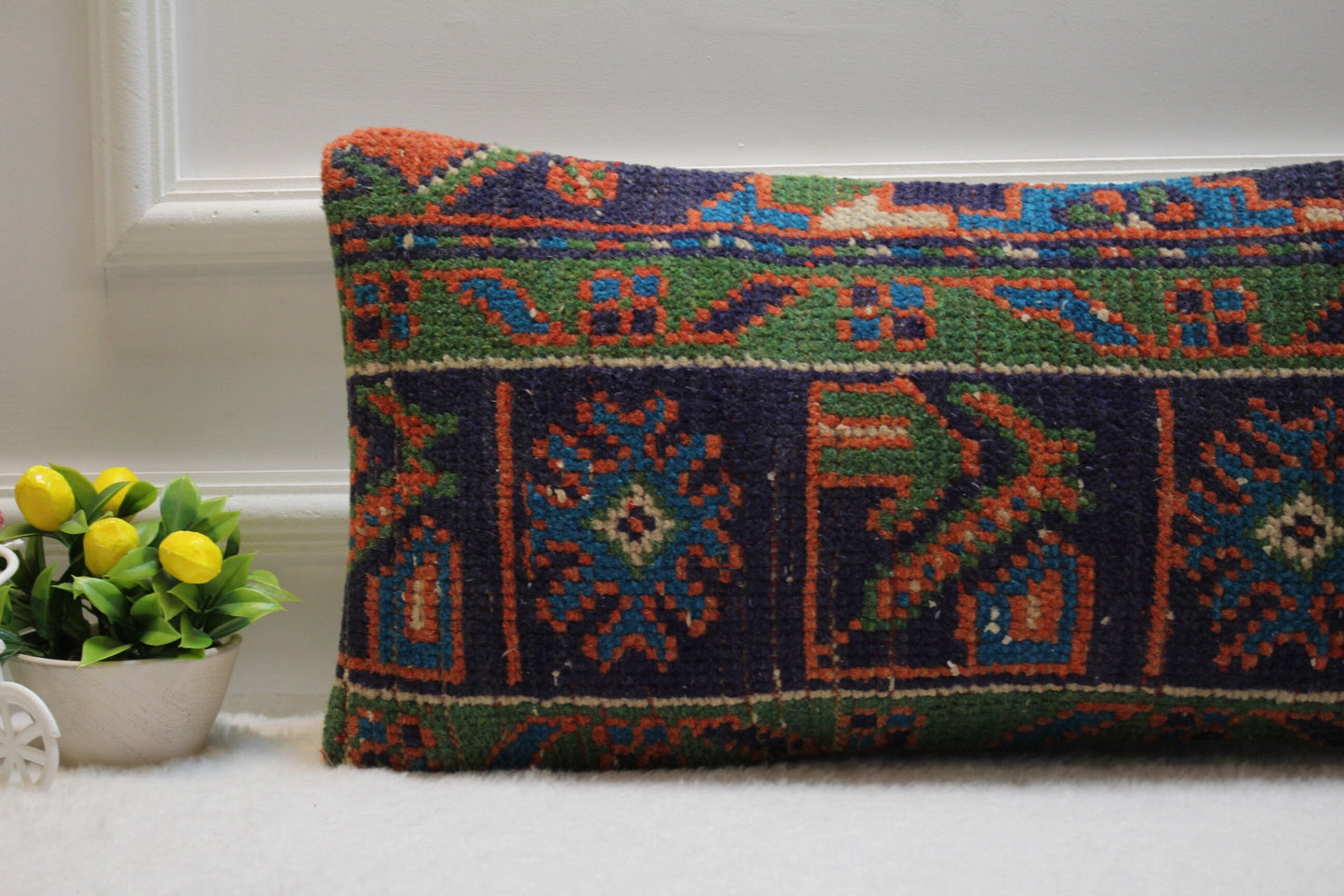 Handmade Kilim Lumbar Pillow Cover: Upcycled Woven Rug, Blue Orange Green (12X24 in)