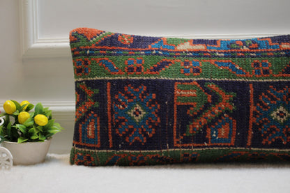 Handmade Kilim Lumbar Pillow Cover: Upcycled Woven Rug, Blue Orange Green (12X24 in)