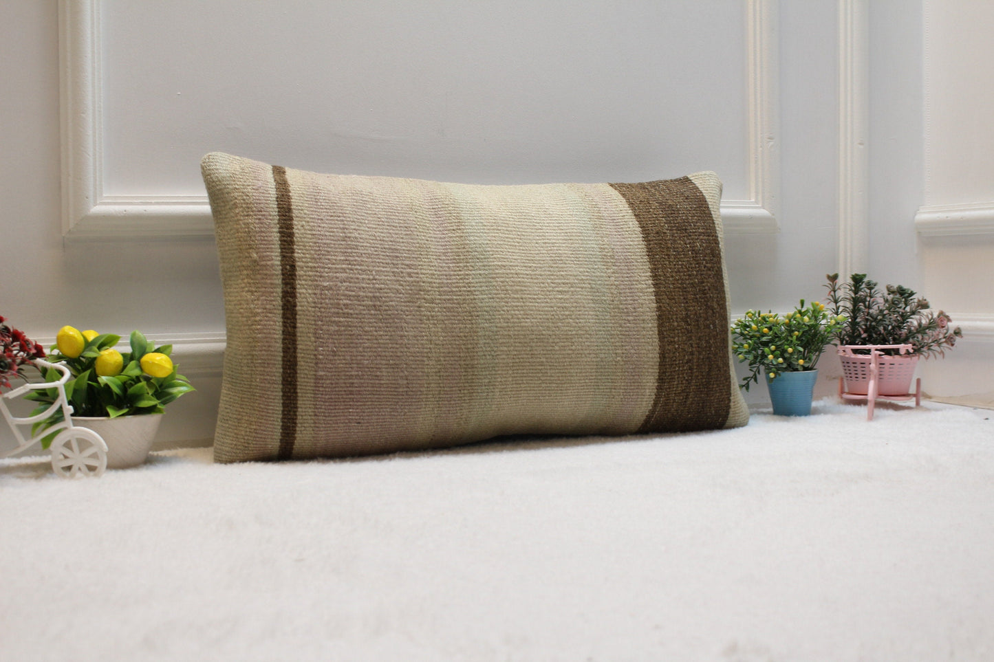 Beige Turkish Kilim Lumbar Pillow – Handmade Rug Cushion Cover, 12x24 Inch