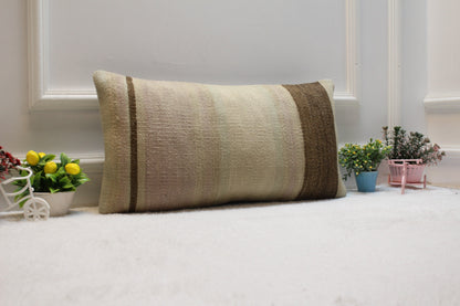 Beige Turkish Kilim Lumbar Pillow – Handmade Rug Cushion Cover, 12x24 Inch