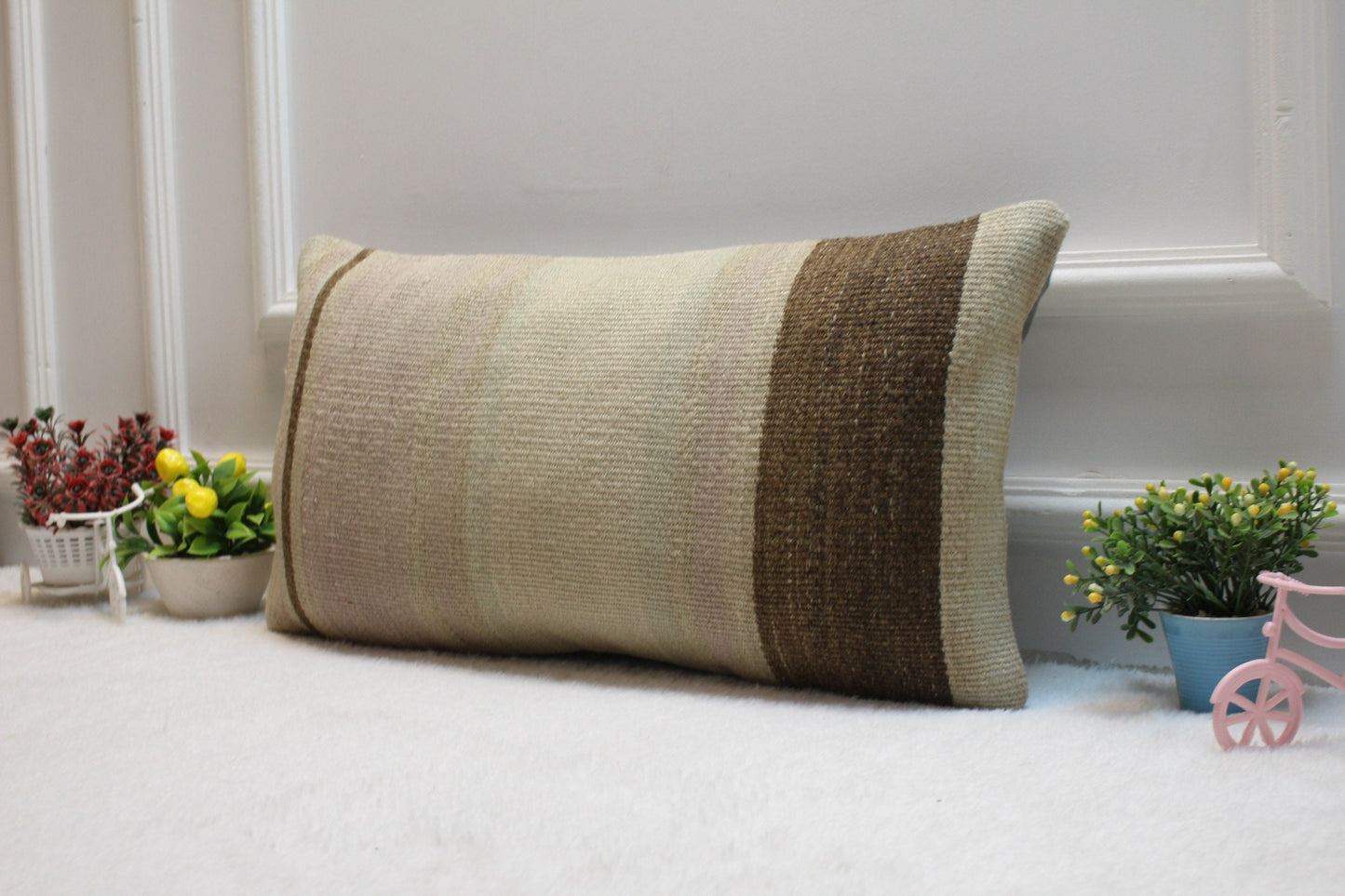 Beige Turkish Kilim Lumbar Pillow – Handmade Rug Cushion Cover, 12x24 Inch
