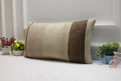Beige Turkish Kilim Lumbar Pillow – Handmade Rug Cushion Cover, 12x24 Inch