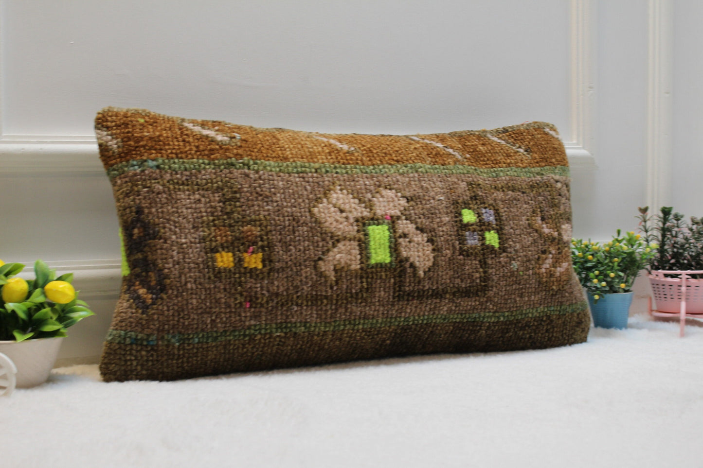 Handmade Kilim Pillow Cover: Upcycled Vintage Wool Rug, 12x24 inch