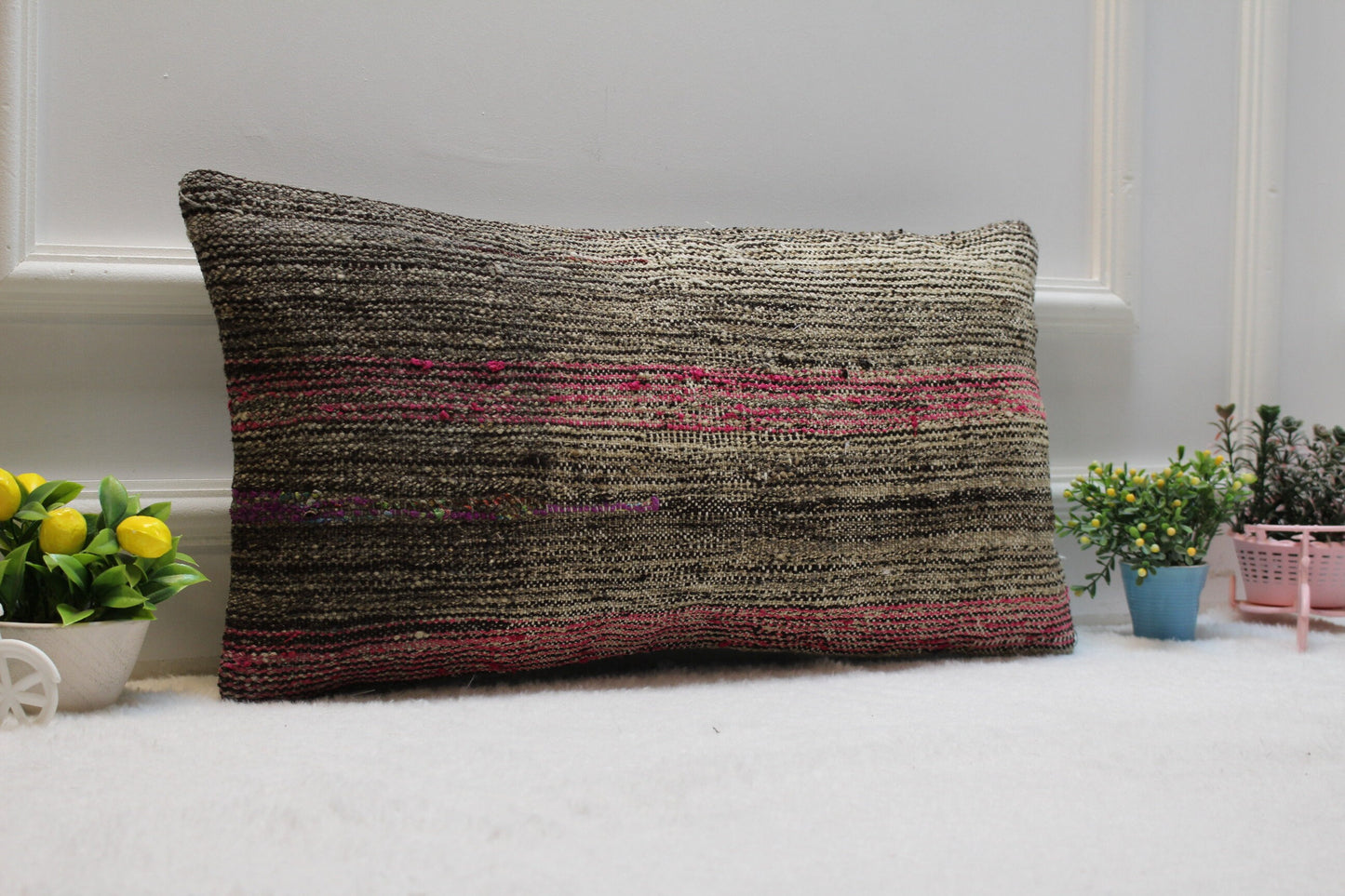 Handmade Gray & Red Rug Pillow Cover: Vintage Turkish Kilim, 12x24