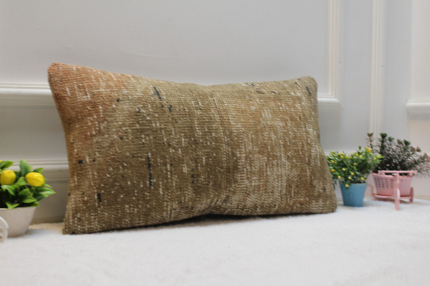 Handmade Beige Kilim Pillow: Geometric Boho Cover (12x24 in)