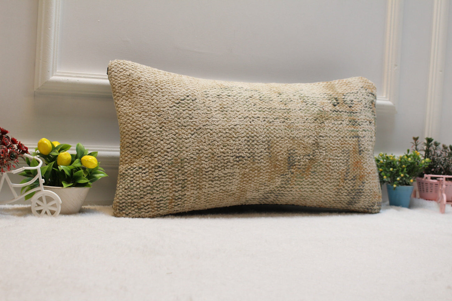 Handmade Beige Kilim Lumbar Pillow Cover: Geometric Woven Rug, 12x24 inch