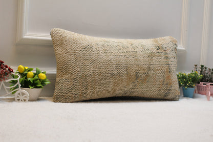 Handmade Beige Kilim Lumbar Pillow Cover: Geometric Woven Rug, 12x24 inch